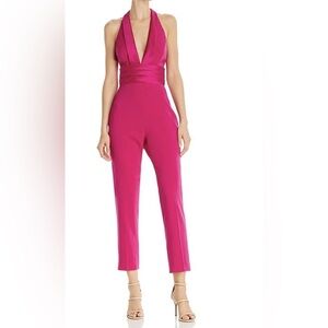 Jay Godfrey Zane Magenta Deep V Neck Halter Tuxedo Jumpsuit Cocktail